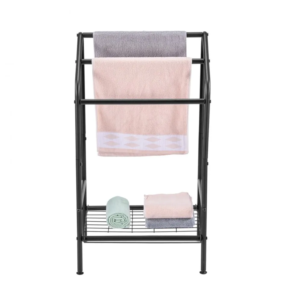 VEVOR Towel Rack, 3 Bars Outdoor Towel Holder with Metal Base, Freestanding Pool Towel Hanger Stand Next to Hot Tub, Outdoor or Indoor Quilt Drying Rack Organizer for Pool, Bathroom, Spa, Black