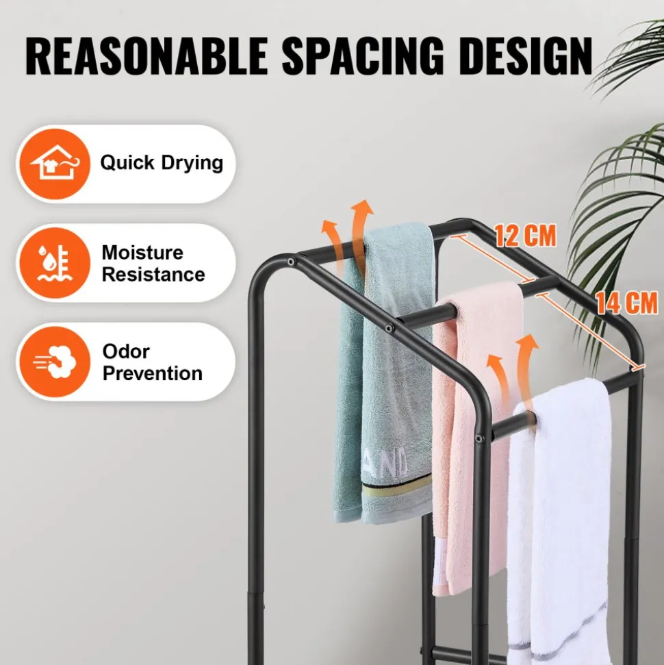 VEVOR Towel Rack, 3 Bars Outdoor Towel Holder with Metal Base, Freestanding Pool Towel Hanger Stand Next to Hot Tub, Outdoor or Indoor Quilt Drying Rack Organizer for Pool, Bathroom, Spa, Black