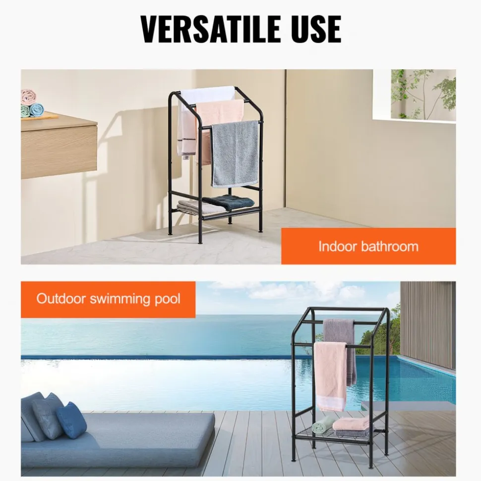 VEVOR Towel Rack, 3 Bars Outdoor Towel Holder with Metal Base, Freestanding Pool Towel Hanger Stand Next to Hot Tub, Outdoor or Indoor Quilt Drying Rack Organizer for Pool, Bathroom, Spa, Black