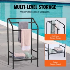 VEVOR Towel Rack, 3 Bars Outdoor Towel Holder with Metal Base, Freestanding Pool Towel Hanger Stand Next to Hot Tub, Outdoor or Indoor Quilt Drying Rack Organizer for Pool, Bathroom, Spa, Black
