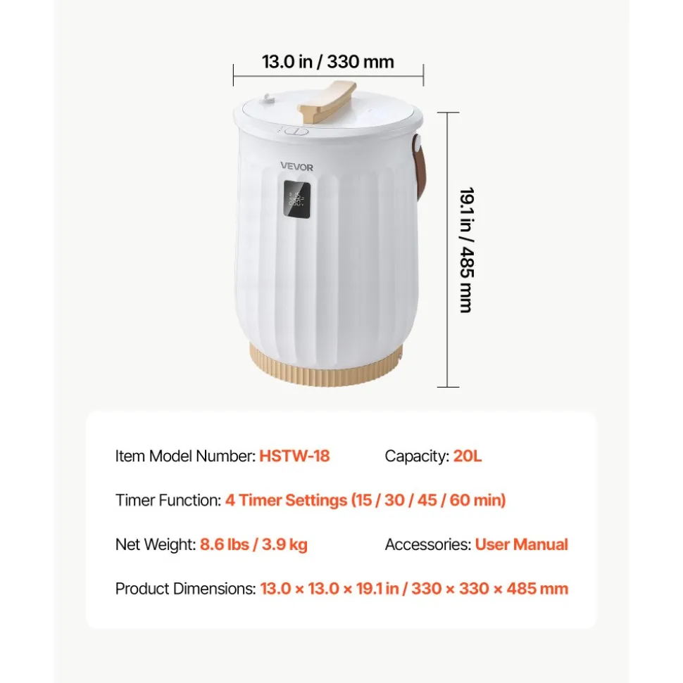 VEVOR Towel Warmers for Bathroom 20L Heated Towel Bucket with LED Display, Rapid Heating, 4 Adjustable Timer, Wood Handle, Auto Shut Off, Fits Oversized Towels, Blankets, Bathrobes, for Women, White