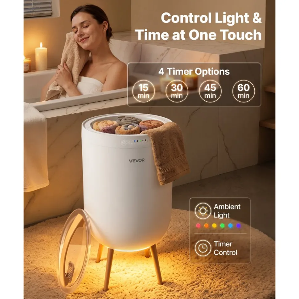 VEVOR Towel Warmers for Bathroom with Bluetooth Speaker and Ambient Light, Rapid Heated Towel Bucket, Auto Shut Off, 4 Adjustable Timer, Fits Oversized Towels, Blankets, Bathrobes, for Women, White