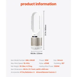 VEVOR Tower Fan Bladeless, 16.4ft/s Velocity Floor Fan that Blows Cold Air, 80° Oscillating 8-Speed Fans, 8H Timer, Standing Fans with H13 HEPA Filtration, Remote Control & Air Purification Mode