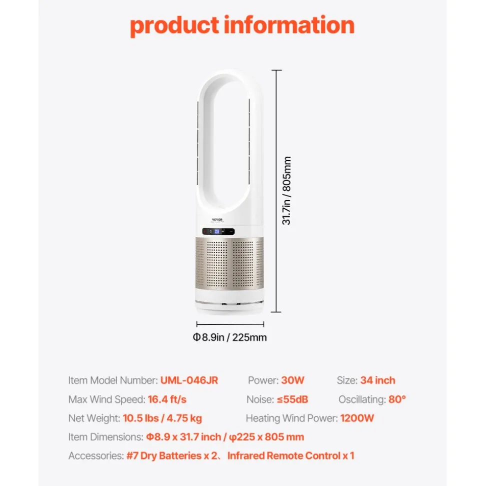 VEVOR Tower Fan Bladeless, 16.4ft/s Velocity Floor Fan that Blows Cold Air, 80° Oscillating 8-Speed Fans, 8H Timer, Standing Fans with H13 HEPA Filtration, Remote Control & Air Purification Mode
