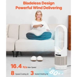 VEVOR Tower Fan Bladeless, 16.4ft/s Velocity Floor Fan that Blows Cold Air, 80° Oscillating 8-Speed Fans, 8H Timer, Standing Fans with H13 HEPA Filtration, Remote Control & Air Purification Mode