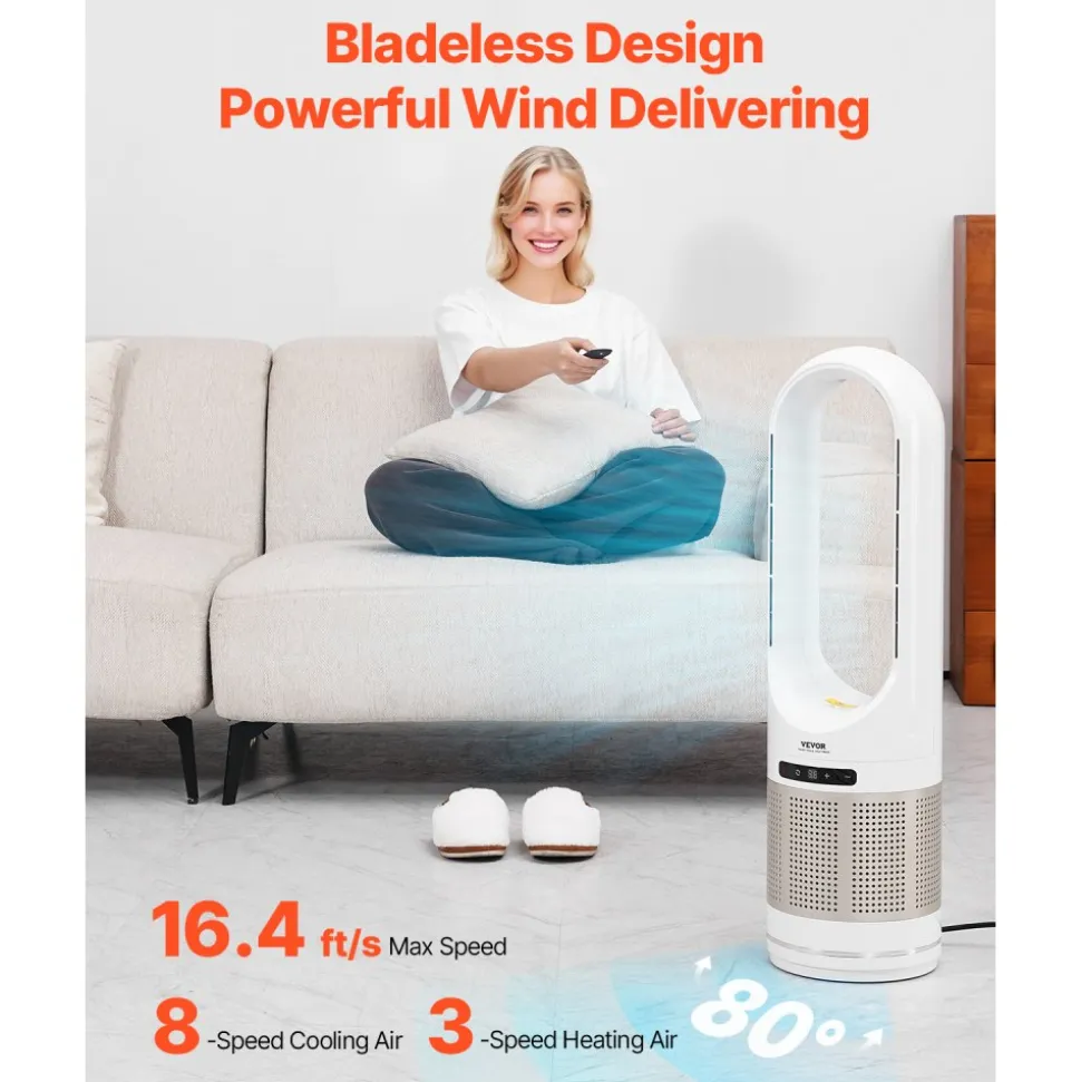 VEVOR Tower Fan Bladeless, 16.4ft/s Velocity Floor Fan that Blows Cold Air, 80° Oscillating 8-Speed Fans, 8H Timer, Standing Fans with H13 HEPA Filtration, Remote Control & Air Purification Mode