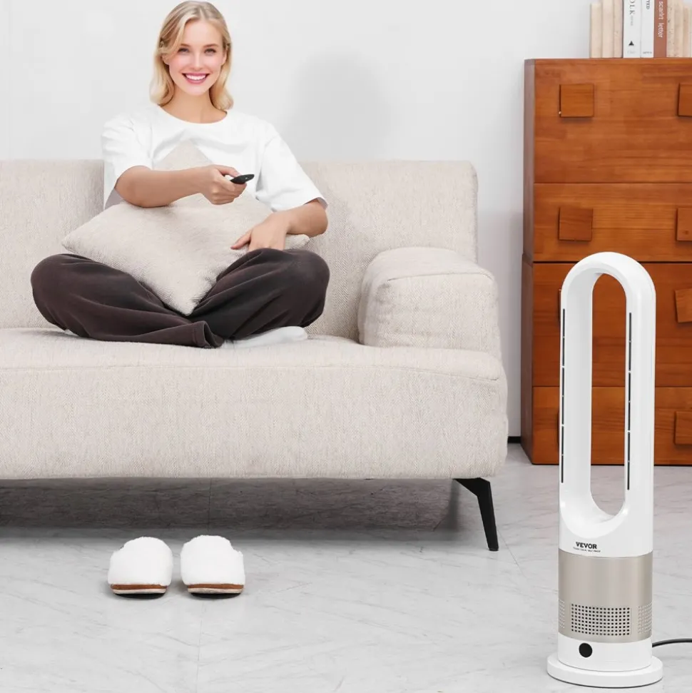 VEVOR Tower Fan Bladeless, 16 ft/s Velocity Quiet Floor Fan that Blows Cold & Heating Air, 80° Oscillating Fans with 8 Speeds, 9H Timer, Standing Fans with Remote Control for Bedroom, Office, Home
