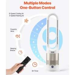 VEVOR Tower Fan Bladeless, 16 ft/s Velocity Quiet Floor Fan that Blows Cold & Heating Air, 80° Oscillating Fans with 8 Speeds, 9H Timer, Standing Fans with Remote Control for Bedroom, Office, Home