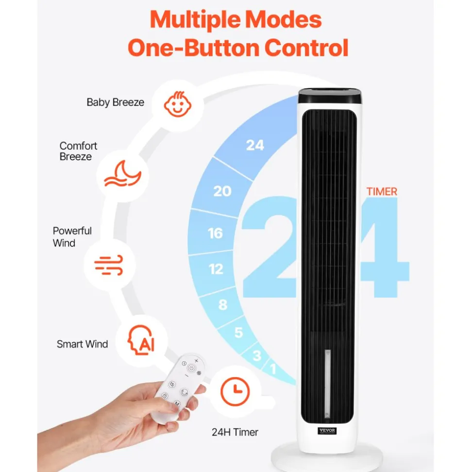 VEVOR Tower Fan, 23.3ft/s Velocity Quiet Floor Fan, 70° Oscillating Fans for Indoors with 9 Speeds, 4 Modes, 24H Timer, Portable Standing Bladeless Fan with Remote Control for Bedroom, Office, Home