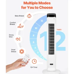 VEVOR Tower Fan, 22 ft/s Velocity Quiet Floor Fan, 70° Oscillating Fans for Indoors with 3 Speeds, 4 Modes, 12H Timer, Portable Standing Bladeless Fan with Remote Control for Bedroom, Office, Home