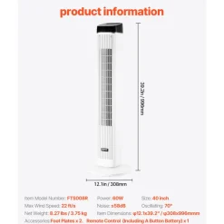 VEVOR Tower Fan, 22 ft/s Velocity Quiet Floor Fan, 70° Oscillating Fans for Indoors with 3 Speeds, 4 Modes, 12H Timer, Portable Standing Bladeless Fan with Remote Control for Bedroom, Office, Home