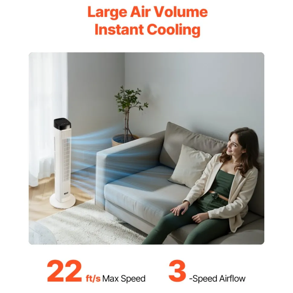 VEVOR Tower Fan, 22 ft/s Velocity Quiet Floor Fan, 70° Oscillating Fans for Indoors with 3 Speeds, 4 Modes, 12H Timer, Portable Standing Bladeless Fan with Remote Control for Bedroom, Office, Home