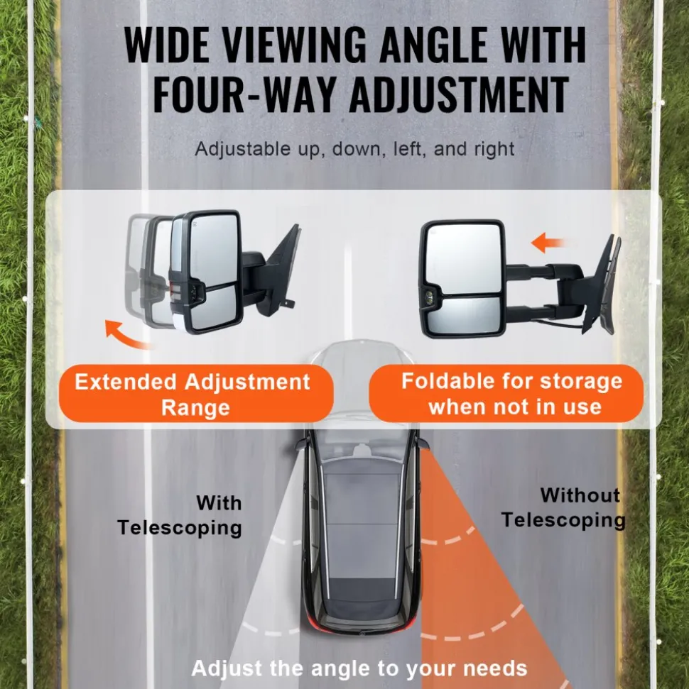VEVOR Towing Mirrors, Left & Right Pair Set for Chevrolet Silverado (2003-2007)/GMC/Cadillac, Power Heated Tow Mirror with Signal Light, Manual Controlling Telescoping Folding, Heating Defrost, Silver