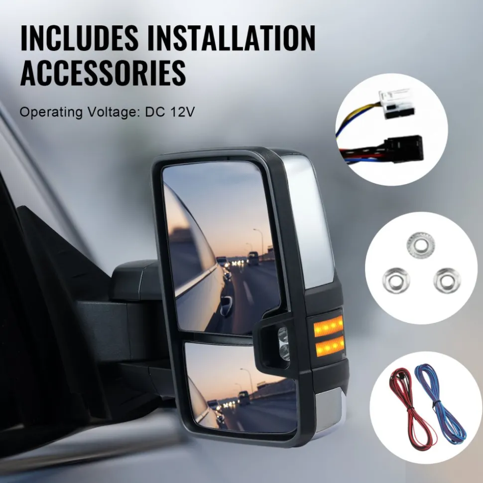 VEVOR Towing Mirrors, Left & Right Pair Set for Chevrolet Silverado (2003-2007)/GMC/Cadillac, Power Heated Tow Mirror with Signal Light, Manual Controlling Telescoping Folding, Heating Defrost, Silver