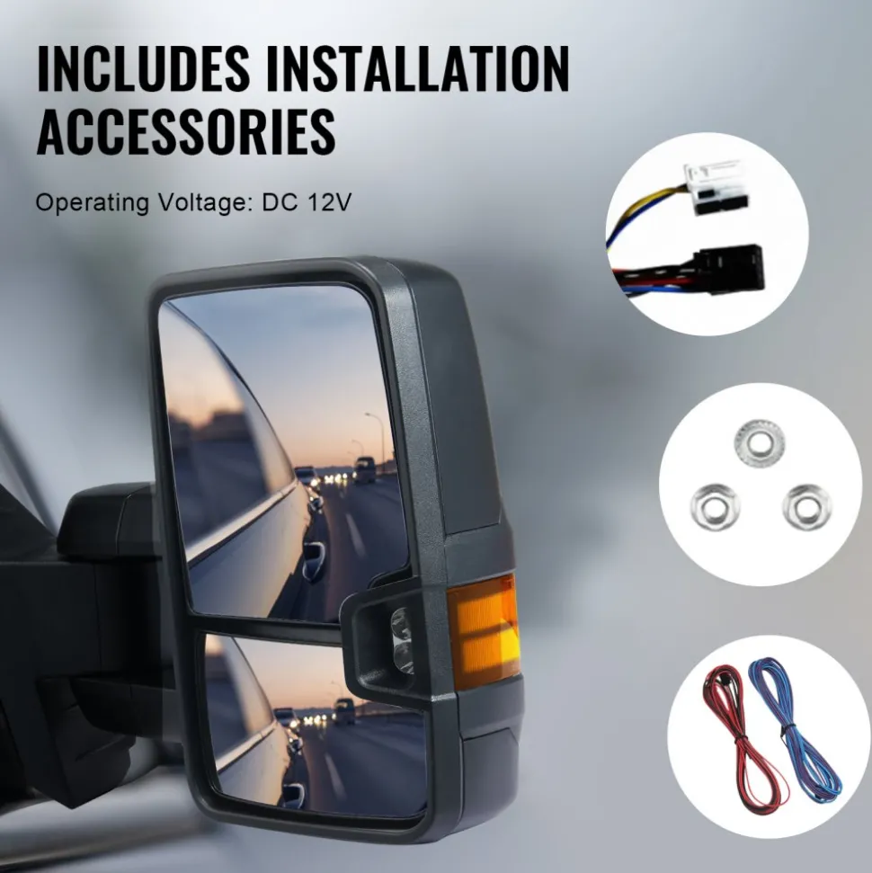 VEVOR Towing Mirrors, Left & Right Pair Set for Chevrolet Silverado (2003-2007)/GMC/Cadillac, Power Heated with Signal Light & LED Driving Light, Manual Telescoping Folding, and Heating Defrost, Black