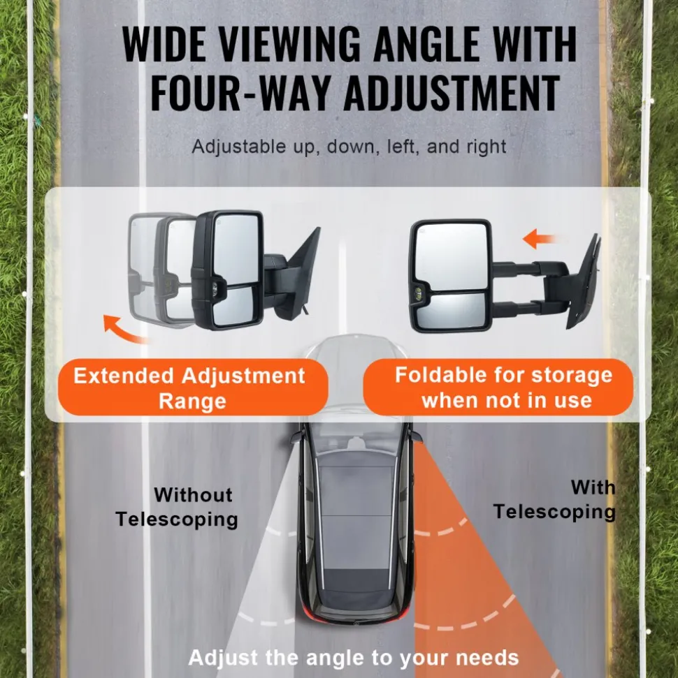 VEVOR Towing Mirrors, Left & Right Pair Set for Chevrolet Silverado (2003-2007)/GMC/Cadillac, Power Heated with Signal Light & LED Driving Light, Manual Telescoping Folding, and Heating Defrost, Black