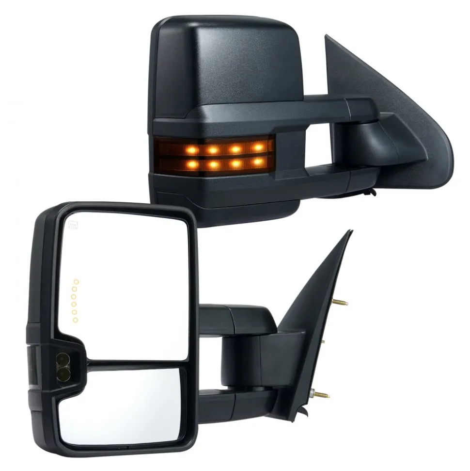 VEVOR Towing Mirrors, Left & Right Pair Set for Chevrolet Silverado (2003-2007)/GMC/Cadillac, Power Heated with Signal Light & LED Driving Light, Manual Telescoping Folding, and Heating Defrost, Black
