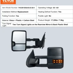 VEVOR Towing Mirrors, Left & Right Pair Set for Chevrolet Silverado (2003-2007)/GMC/Cadillac, Power Heated with Signal Light & LED Driving Light, Manual Telescoping Folding, and Heating Defrost, Black