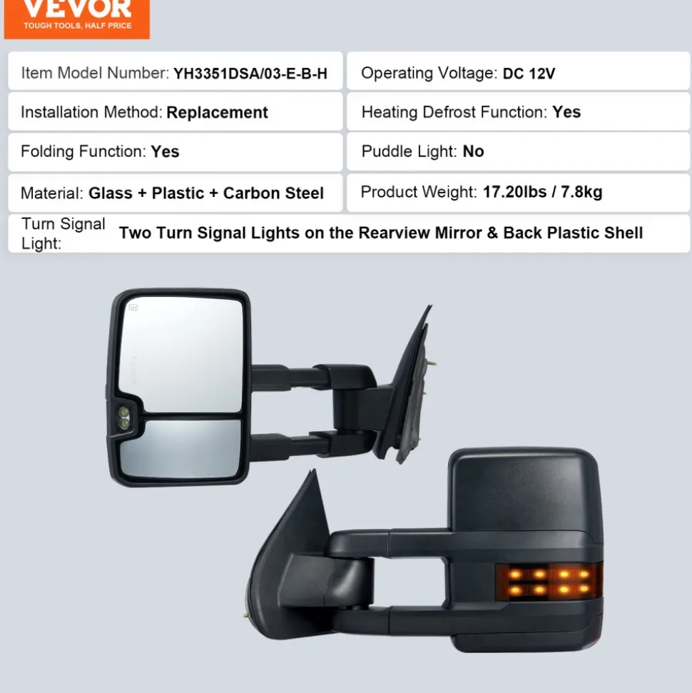 VEVOR Towing Mirrors, Left & Right Pair Set for Chevrolet Silverado (2003-2007)/GMC/Cadillac, Power Heated with Signal Light & LED Driving Light, Manual Telescoping Folding, and Heating Defrost, Black