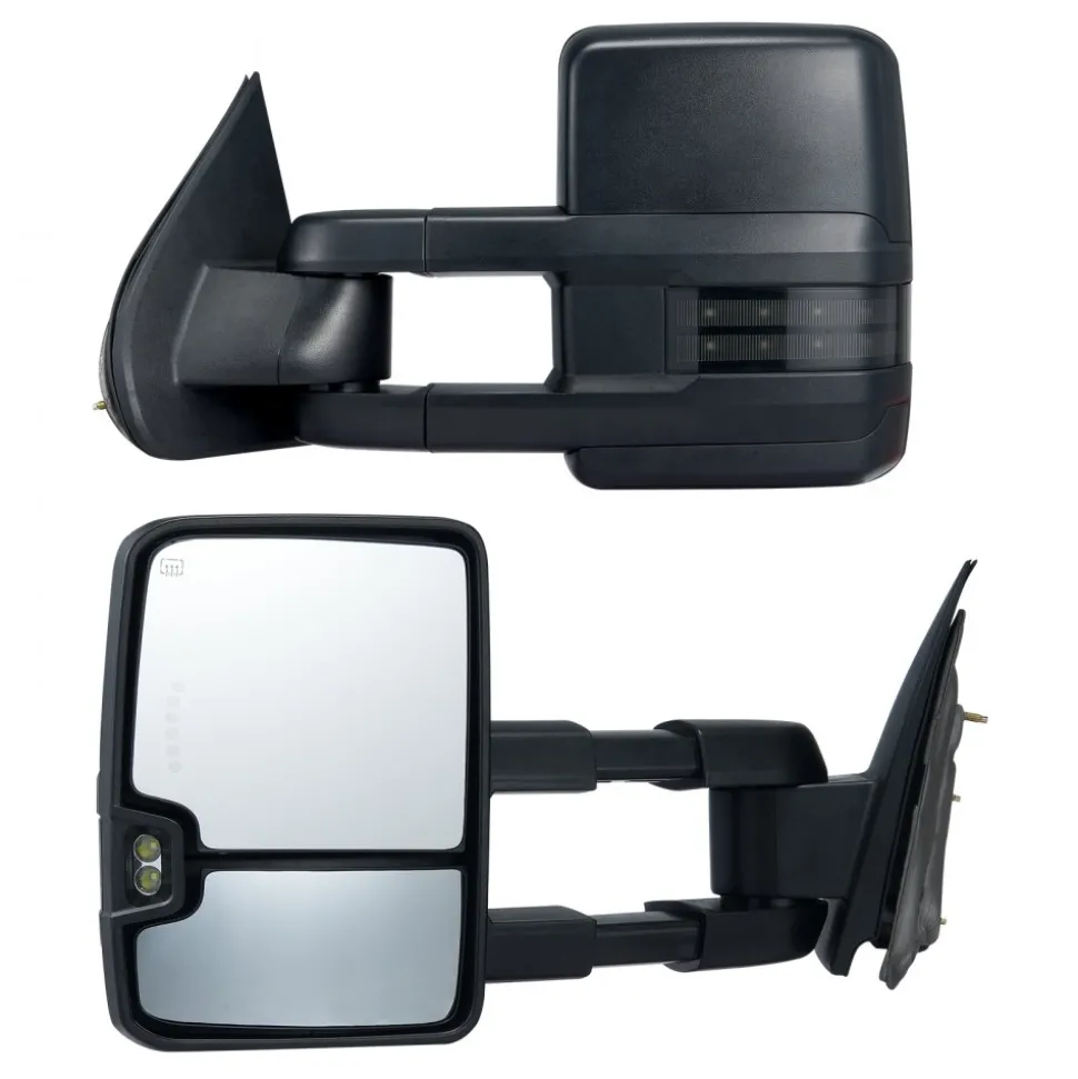VEVOR Towing Mirrors, Left & Right Pair Set for Chevrolet Silverado (2003-2007)/GMC/Cadillac, Power Heated with Signal Light & LED Driving Light, Manual Telescoping Folding, and Heating Defrost, Black