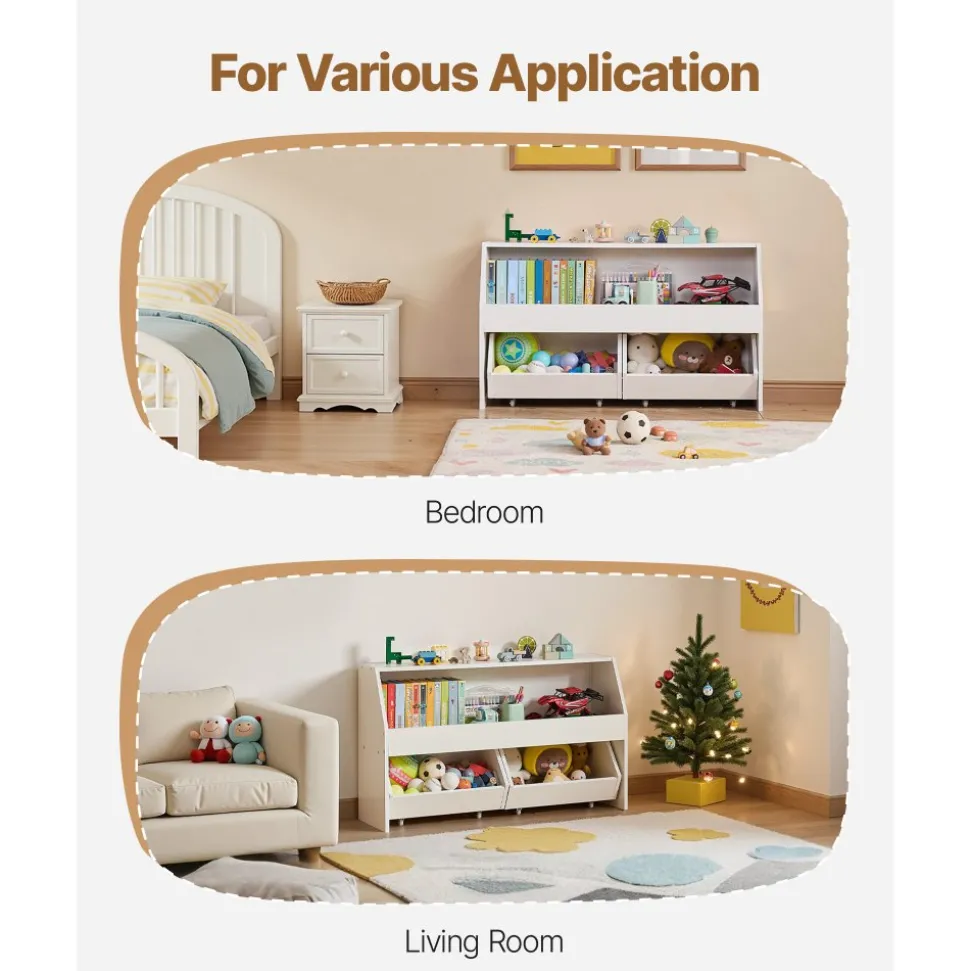 VEVOR Toy Storage Organizer, Wooden Kids Bookshelf with Storage, Toy Storage Cabinet with 2 Mobile Drawers, Kids Storage Organizer for Bedroom, Nursery, Living Room, Entryway, Preschool, White