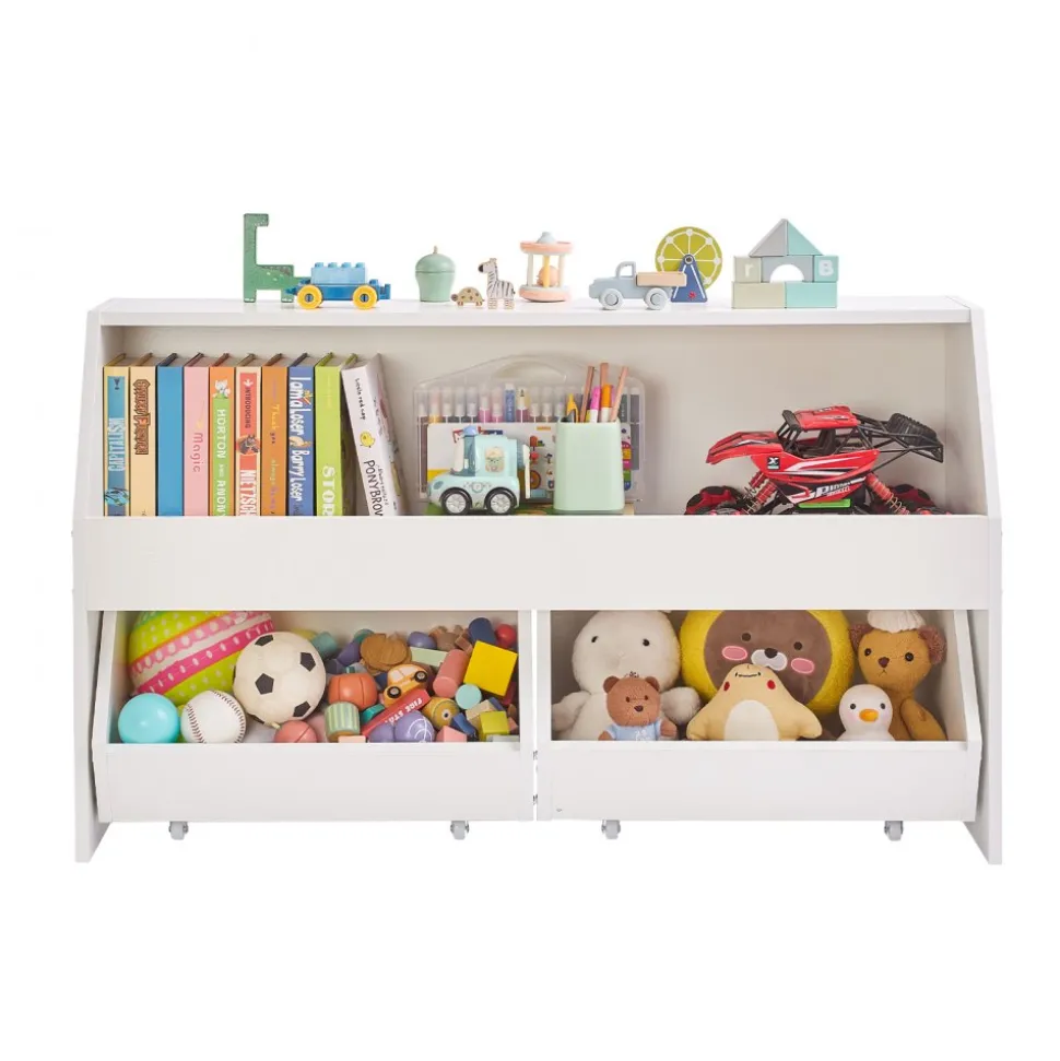 VEVOR Toy Storage Organizer, Wooden Kids Bookshelf with Storage, Toy Storage Cabinet with 2 Mobile Drawers, Kids Storage Organizer for Bedroom, Nursery, Living Room, Entryway, Preschool, White