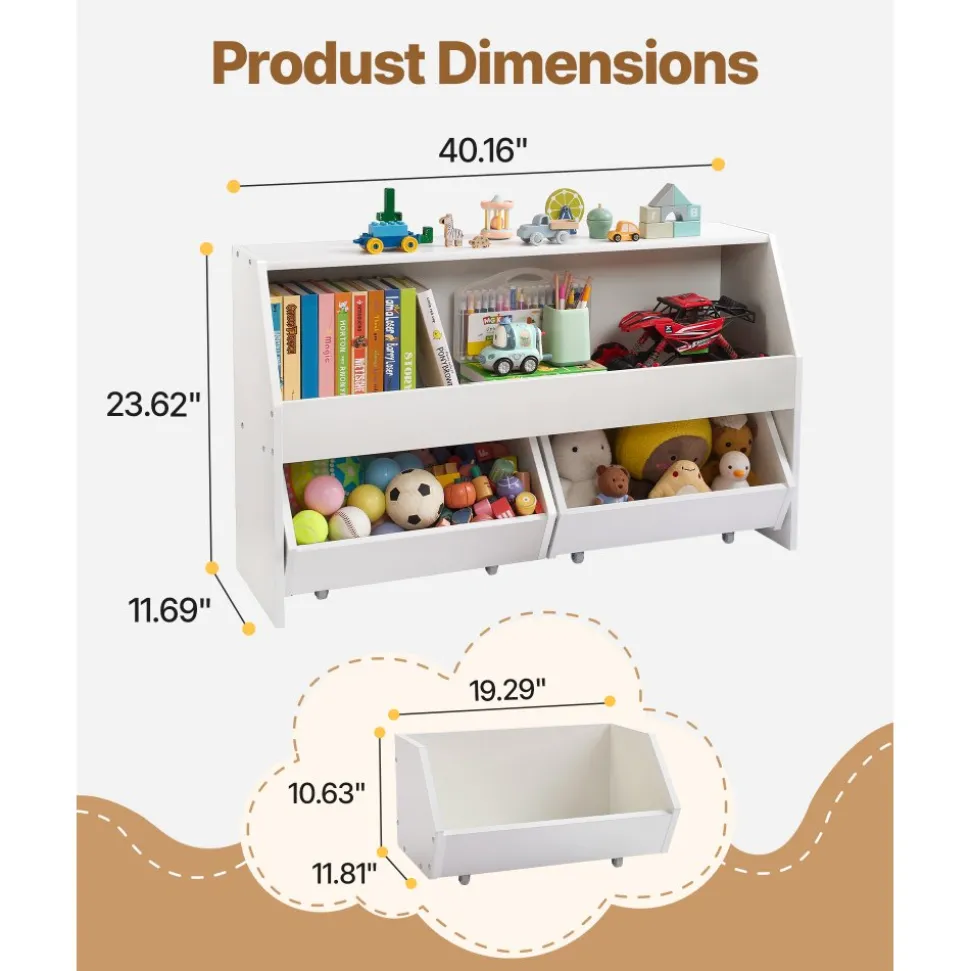 VEVOR Toy Storage Organizer, Wooden Kids Bookshelf with Storage, Toy Storage Cabinet with 2 Mobile Drawers, Kids Storage Organizer for Bedroom, Nursery, Living Room, Entryway, Preschool, White