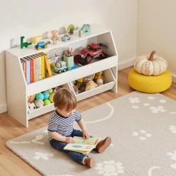 VEVOR Toy Storage Organizer, Wooden Kids Bookshelf with Storage, Toy Storage Cabinet with 2 Mobile Drawers, Kids Storage Organizer for Bedroom, Nursery, Living Room, Entryway, Preschool, White