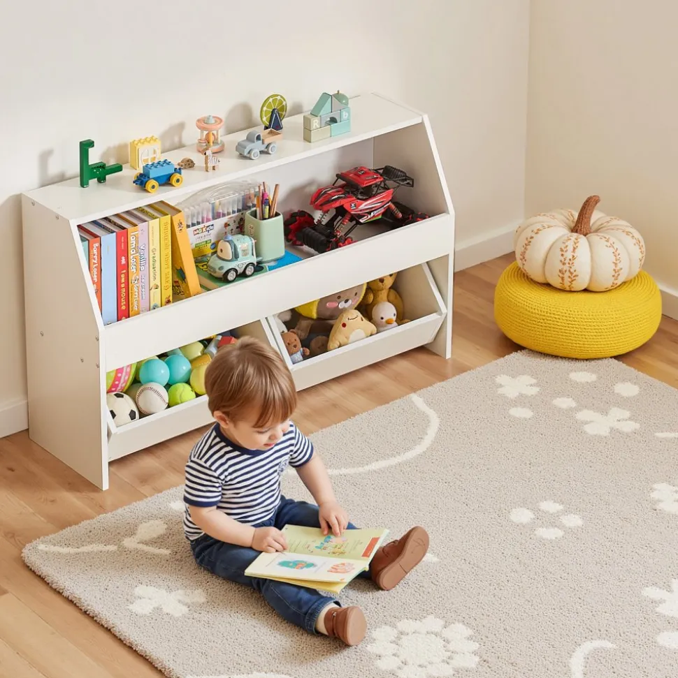 VEVOR Toy Storage Organizer, Wooden Kids Bookshelf with Storage, Toy Storage Cabinet with 2 Mobile Drawers, Kids Storage Organizer for Bedroom, Nursery, Living Room, Entryway, Preschool, White