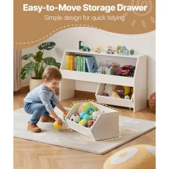 VEVOR Toy Storage Organizer, Wooden Kids Bookshelf with Storage, Toy Storage Cabinet with 2 Mobile Drawers, Kids Storage Organizer for Bedroom, Nursery, Living Room, Entryway, Preschool, White