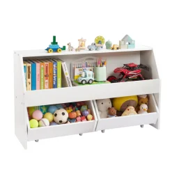 VEVOR Toy Storage Organizer, Wooden Kids Bookshelf with Storage, Toy Storage Cabinet with 2 Mobile Drawers, Kids Storage Organizer for Bedroom, Nursery, Living Room, Entryway, Preschool, White