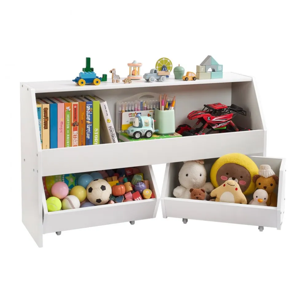 VEVOR Toy Storage Organizer, Wooden Kids Bookshelf with Storage, Toy Storage Cabinet with 2 Mobile Drawers, Kids Storage Organizer for Bedroom, Nursery, Living Room, Entryway, Preschool, White