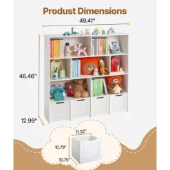 VEVOR Toy Storage Organizer, Wooden Kids Bookshelf with Storage, Toy Storage Cabinet with 4 Mobile Drawers, Kids Storage Organizer for Bedroom, Nursery, Living Room, Entryway, Preschool, White