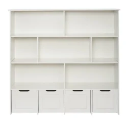 VEVOR Toy Storage Organizer, Wooden Kids Bookshelf with Storage, Toy Storage Cabinet with 4 Mobile Drawers, Kids Storage Organizer for Bedroom, Nursery, Living Room, Entryway, Preschool, White