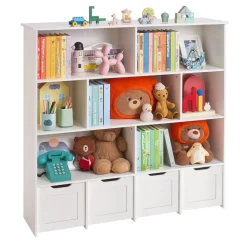 VEVOR Toy Storage Organizer, Wooden Kids Bookshelf with Storage, Toy Storage Cabinet with 4 Mobile Drawers, Kids Storage Organizer for Bedroom, Nursery, Living Room, Entryway, Preschool, White