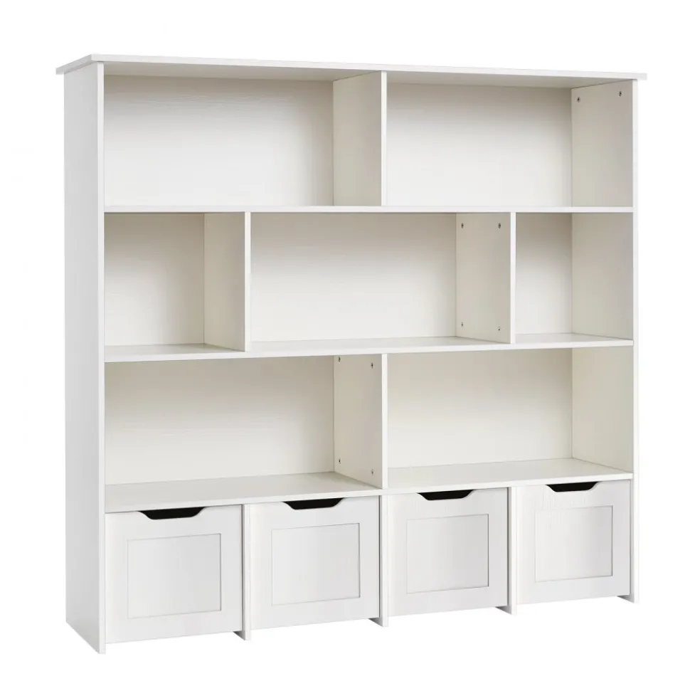 VEVOR Toy Storage Organizer, Wooden Kids Bookshelf with Storage, Toy Storage Cabinet with 4 Mobile Drawers, Kids Storage Organizer for Bedroom, Nursery, Living Room, Entryway, Preschool, White