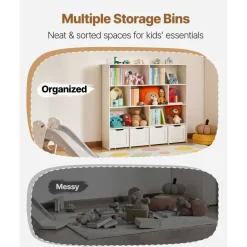 VEVOR Toy Storage Organizer, Wooden Kids Bookshelf with Storage, Toy Storage Cabinet with 4 Mobile Drawers, Kids Storage Organizer for Bedroom, Nursery, Living Room, Entryway, Preschool, White