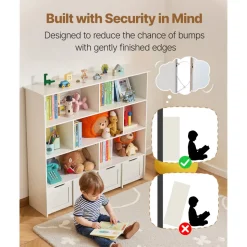 VEVOR Toy Storage Organizer, Wooden Kids Bookshelf with Storage, Toy Storage Cabinet with 4 Mobile Drawers, Kids Storage Organizer for Bedroom, Nursery, Living Room, Entryway, Preschool, White