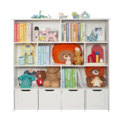 VEVOR Toy Storage Organizer, Wooden Kids Bookshelf with Storage, Toy Storage Cabinet with 4 Mobile Drawers, Kids Storage Organizer for Bedroom, Nursery, Living Room, Entryway, Preschool, White