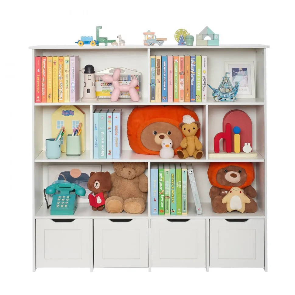 VEVOR Toy Storage Organizer, Wooden Kids Bookshelf with Storage, Toy Storage Cabinet with 4 Mobile Drawers, Kids Storage Organizer for Bedroom, Nursery, Living Room, Entryway, Preschool, White