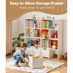 VEVOR Toy Storage Organizer, Wooden Kids Bookshelf with Storage, Toy Storage Cabinet with 4 Mobile Drawers, Kids Storage Organizer for Bedroom, Nursery, Living Room, Entryway, Preschool, White