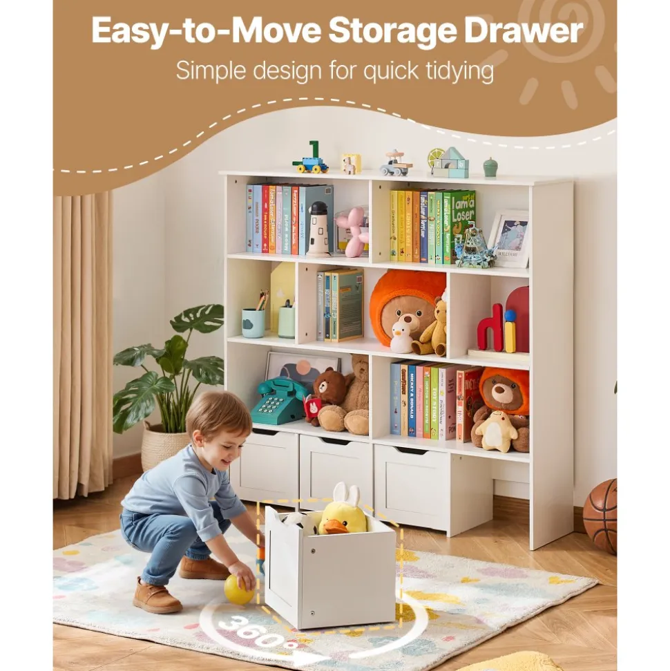 VEVOR Toy Storage Organizer, Wooden Kids Bookshelf with Storage, Toy Storage Cabinet with 4 Mobile Drawers, Kids Storage Organizer for Bedroom, Nursery, Living Room, Entryway, Preschool, White