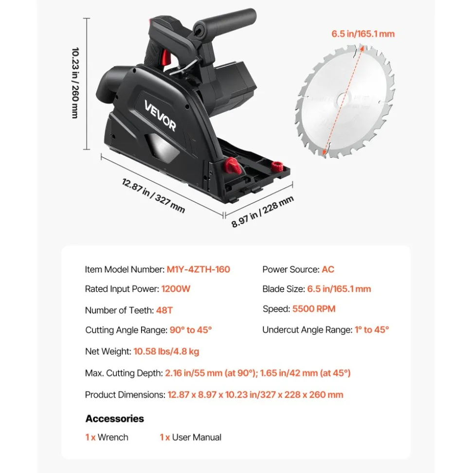 VEVOR Track Saw, 6-1/2-Inch, Plunge-Cut Circular Saw Kit, Tracksaw with 48-Tooth Carbide-Tipped Blade, 0-45° Angle Adjustment, 2.16 in Cutting Depth, for Wood, Plastic, Guide Rail Not Included, Black