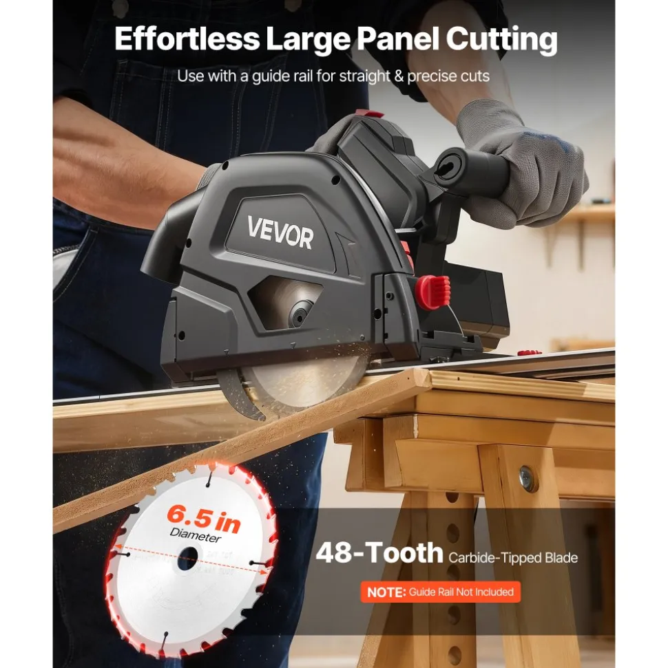 VEVOR Track Saw, 6-1/2-Inch, Plunge-Cut Circular Saw Kit, Tracksaw with 48-Tooth Carbide-Tipped Blade, 0-45° Angle Adjustment, 2.16 in Cutting Depth, for Wood, Plastic, Guide Rail Not Included, Black