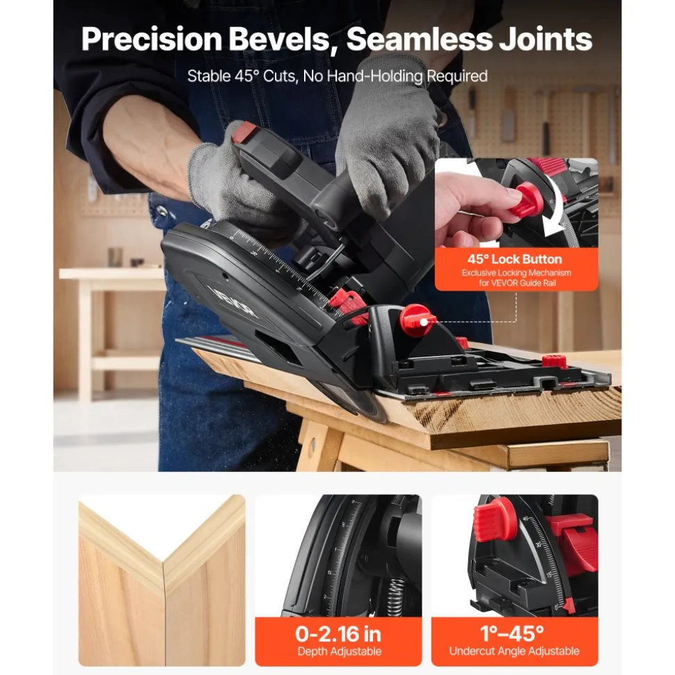 VEVOR Track Saw, 6-1/2-Inch, Plunge-Cut Circular Saw Kit, Tracksaw with 48-Tooth Carbide-Tipped Blade, 0-45° Angle Adjustment, 2.16 in Cutting Depth, for Wood, Plastic, Guide Rail Not Included, Black