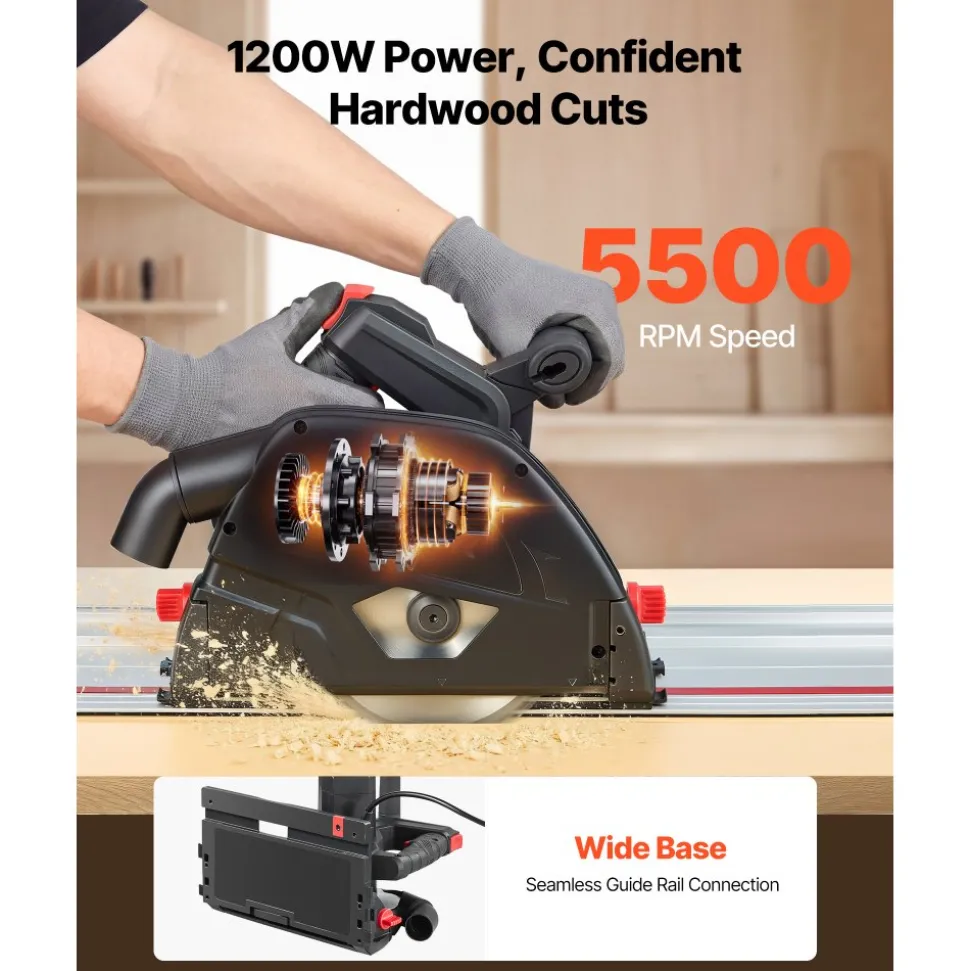 VEVOR Track Saw, 6-1/2-Inch, Plunge-Cut Circular Saw Kit, Tracksaw with 48-Tooth Carbide-Tipped Blade, 0-45° Angle Adjustment, 2.16 in Cutting Depth, for Wood, Plastic, Guide Rail Not Included, Black