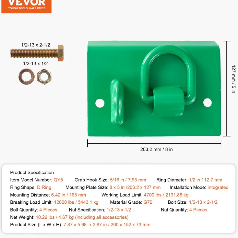 VEVOR 5/16" Tractor Bucket Hook with Tie Down Ring, Grade 70 Forged Steel 2 Pack Bolt-On Grab Hook with Back Plate Compatible for Tractor Bucket RV UTV Truck, Maximum Break Strength 12,000 lbs, Green