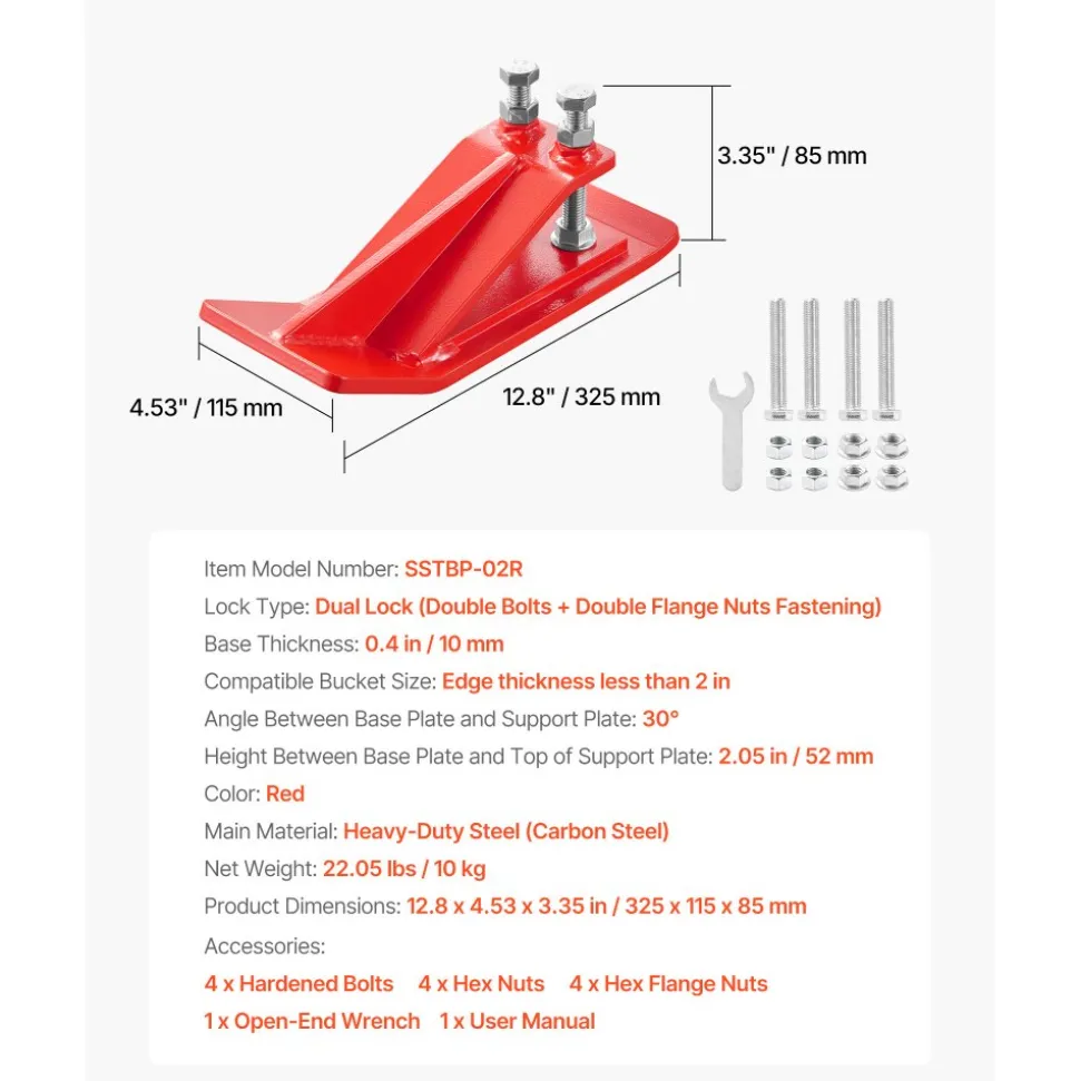 VEVOR Tractor Bucket Protector, 2PCS Heavy Duty Steel Bucket Edge Protectors, Edge Tamer Anti-Skid Device with Double Hexagon Lock Nuts and Bolts, for Snow, Leave Removal & Spreading Gravel (Red)