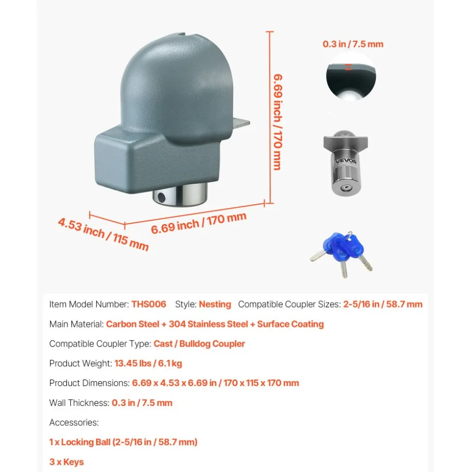 VEVOR Trailer Coupler Lock, Fits 2-5/16-Inch Cast/Bulldog Trailer Couplers, Heavy Duty Trailer Hitch Lock with 3 Keys, Corrision-resistant, Anti-Theft Coupler Ball Locks for RV, Trailer, Boat, Black