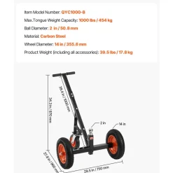 VEVOR Trailer Dolly, 1000lbs Tongue Weight Capacity, Carbon Steel Trailer Mover with 2 inch Ball, 14 inch Pneumatic Tires, Portable Tow Dolly for Moving RV Trailer
